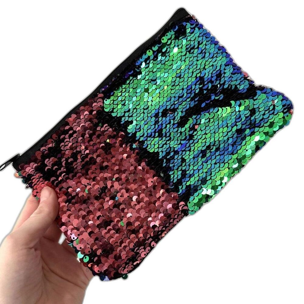 Sequin Mermaid Green and Purple Pink Pencil Pouch Small Makeup Bag